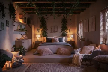 Cozy bedroom oasis with soft lighting, plants, and decorative pillows.