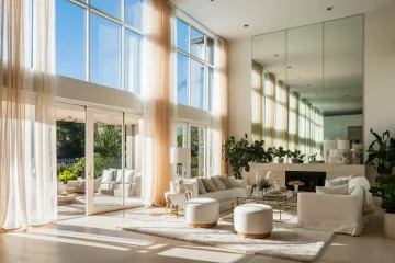A bright, airy living room with large windows letting in natural sunlight.