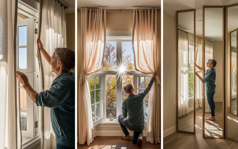 A homeowner adjusting lightweight curtains, repositioning mirrors, and cleaning a bright window.