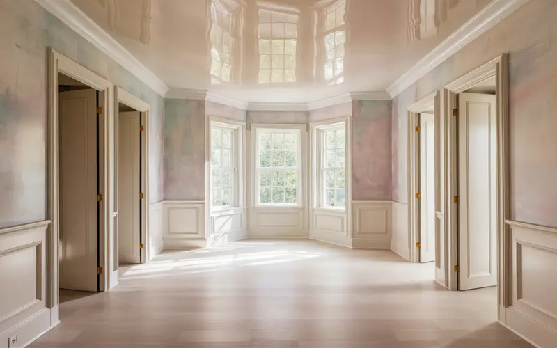 A beautifully decorated room with soft pastel walls, high-gloss white trim.