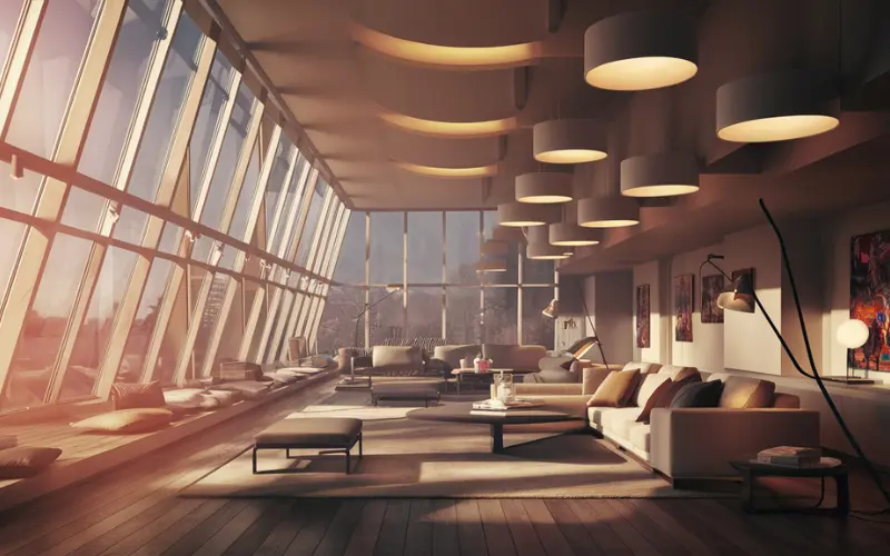 A contemporary living space illuminated by a mix of natural light and artificial lighting.