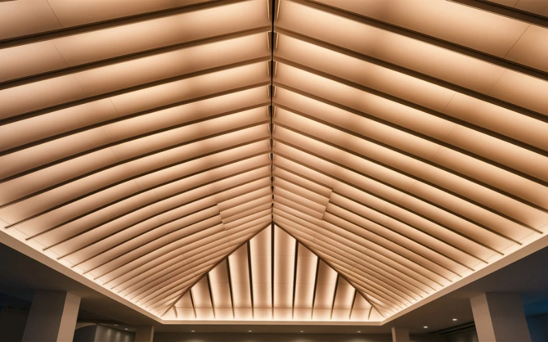 A stylish interior space with LED ceiling panels mimicking a skylight.