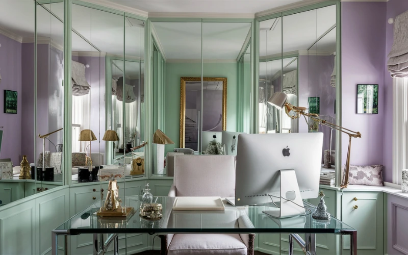 A beautifully arranged home office with pastel walls, mirrors reflecting natural light.