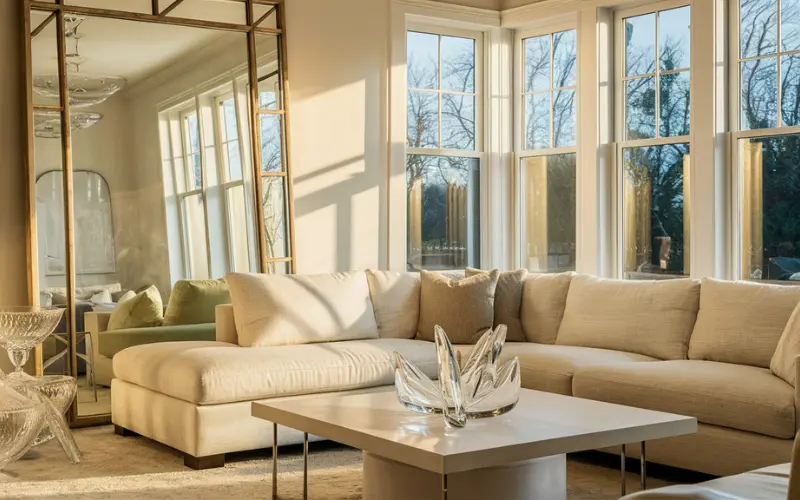 "A stylish living room featuring a large mirror positioned.