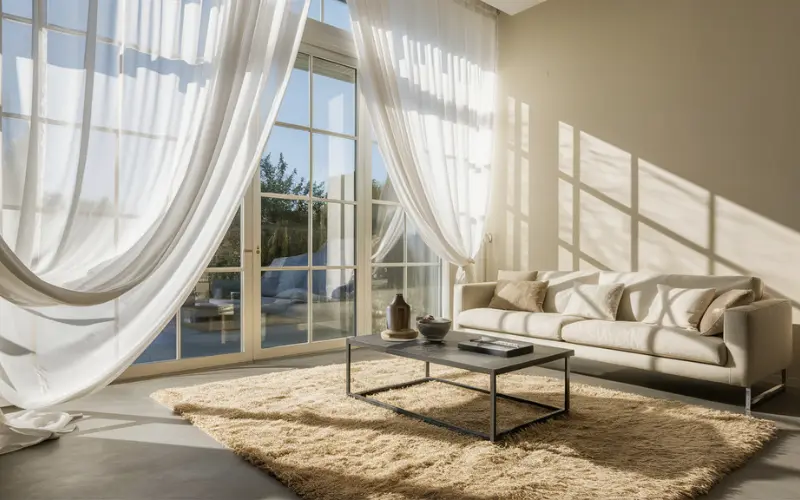 A bright and airy room with sheer white curtains flowing gently.