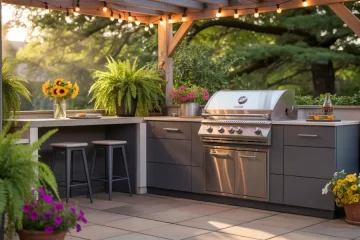 A cozy, modern small outdoor kitchen on a sunny patio.