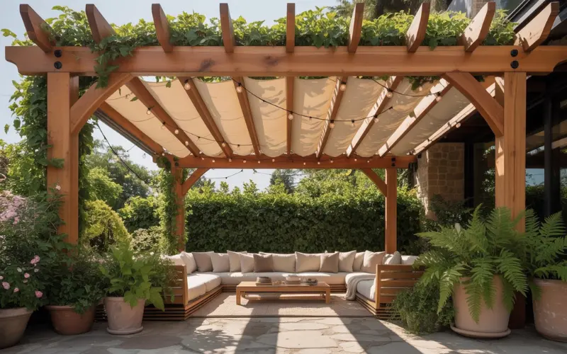 A modern pergola made of warm natural wood.