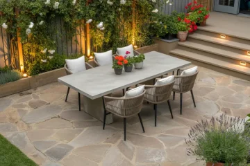 A vibrant collage of 4–6 backyard patio spaces featuring different flooring styles.