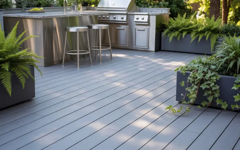 A spacious, modern patio with sleek composite decking tiles.