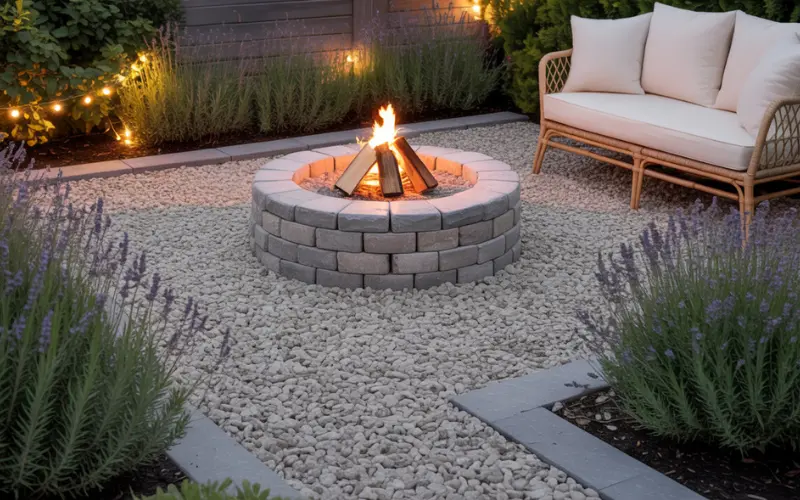 A charming, budget-friendly backyard with light gray pea gravel flooring.
