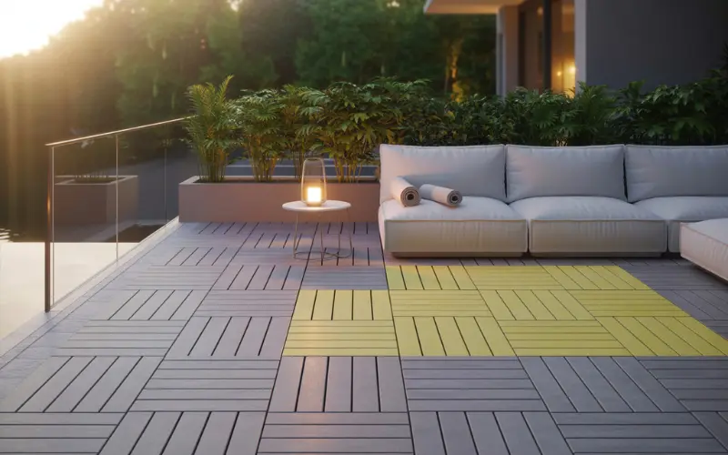 A modern patio with soft rubber or cushioned decking tiles.