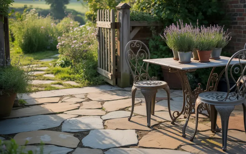 A rustic flagstone patio with irregular stone shapes.