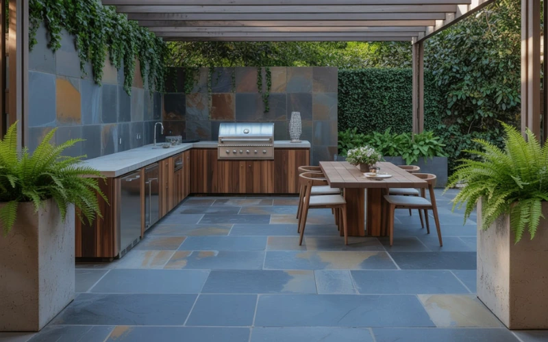 A chic, contemporary patio with natural slate tiles.
