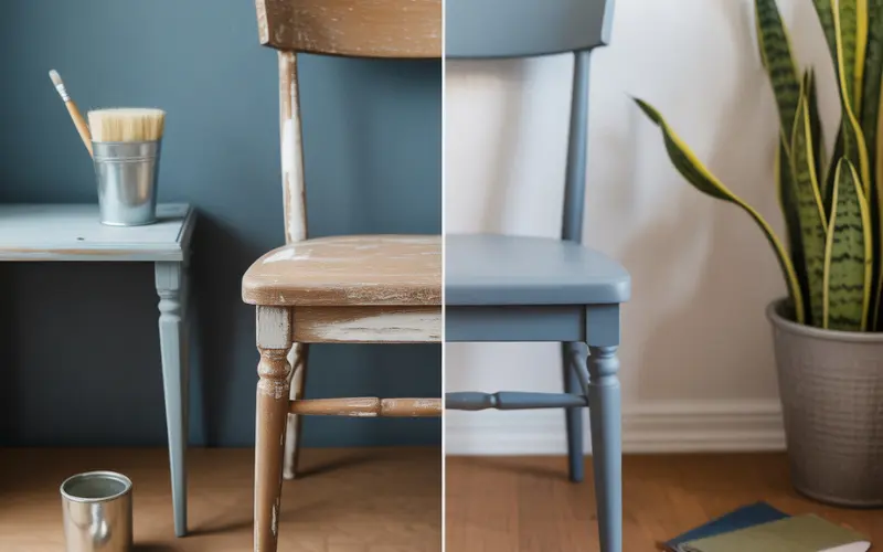 Before-and-after image of a chair or table being upcycled.