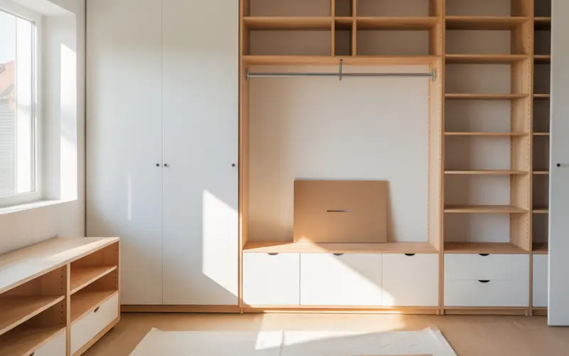 Minimalist modern room with IKEA-style flat-pack furniture in assembly.