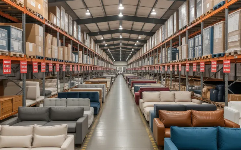 Large warehouse-style furniture outlet filled with discounted sofas.
