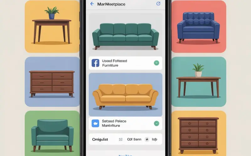 Mobile phone screen showing listings for used furniture: sofas.