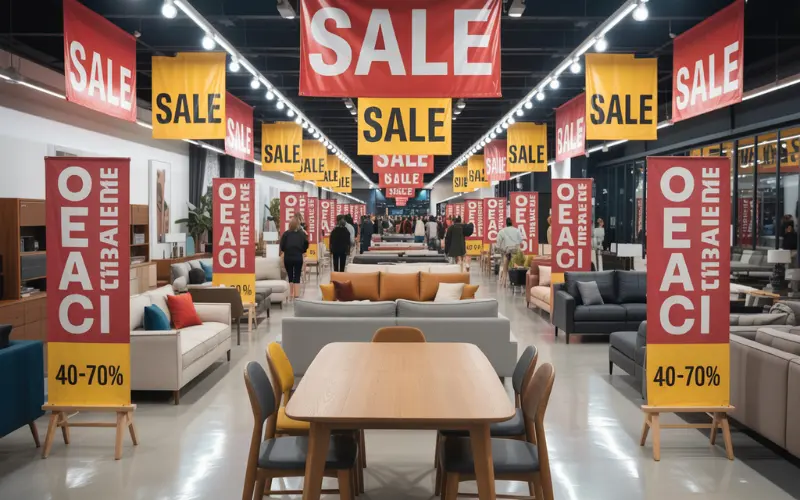Furniture store aisle with bold SALE signs, clearance banners, discount tags.