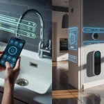 modern, bright home interior split into two scenes.