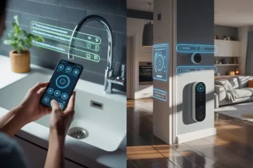 modern, bright home interior split into two scenes.