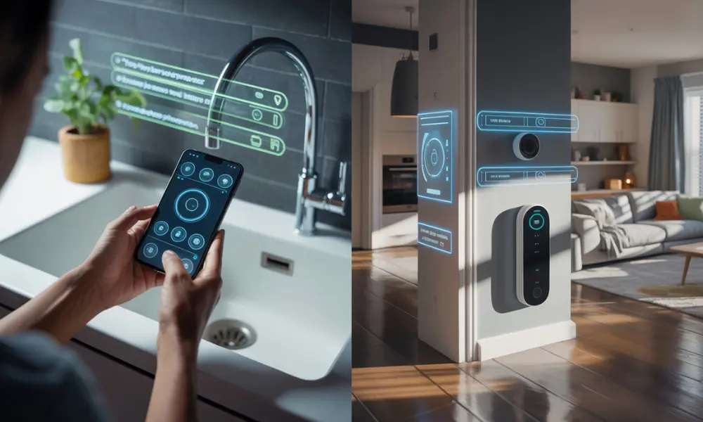 modern, bright home interior split into two scenes.