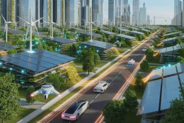 “A vibrant, futuristic eco-city powered by artificial intelligence.