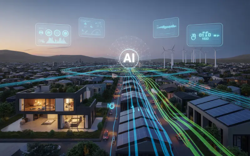 A smart home and smart city illuminated by AI-driven energy systems.