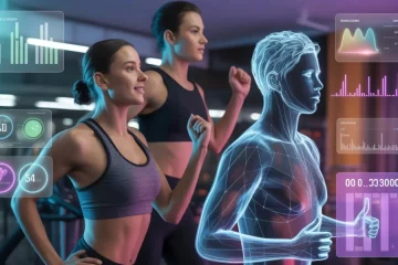 Athletic man and woman exercising while an AI virtual assistant.