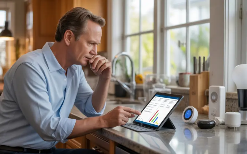 Homeowner evaluating smart home devices.