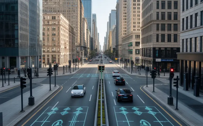 A modern urban street with AI-optimized traffic flow.
