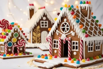 A bright, festive gingerbread house scene on a clean background.