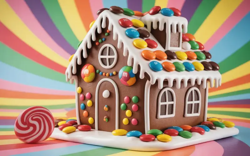A vibrant Candyland-style gingerbread house.