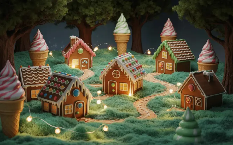 A magical gingerbread village with multiple small houses.