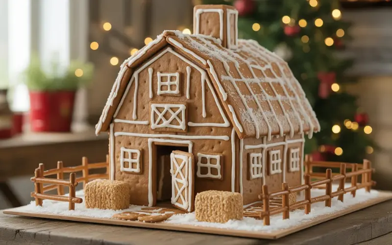 A rustic gingerbread barn farmhouse made of graham crackers.