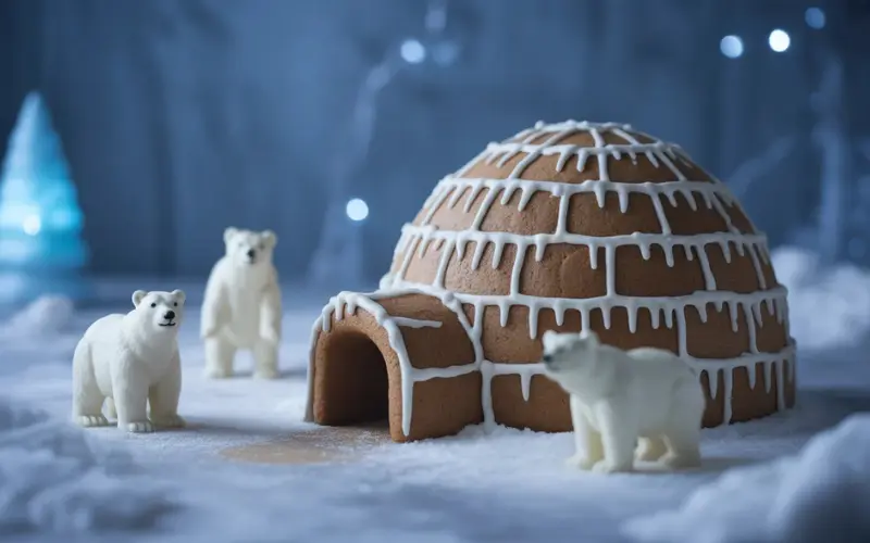 A gingerbread igloo made with white icing and powdered sugar snow.