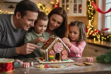 A warm, cozy kitchen during Christmas time with a happy family.