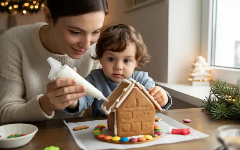 A parent kneeling beside a young child.