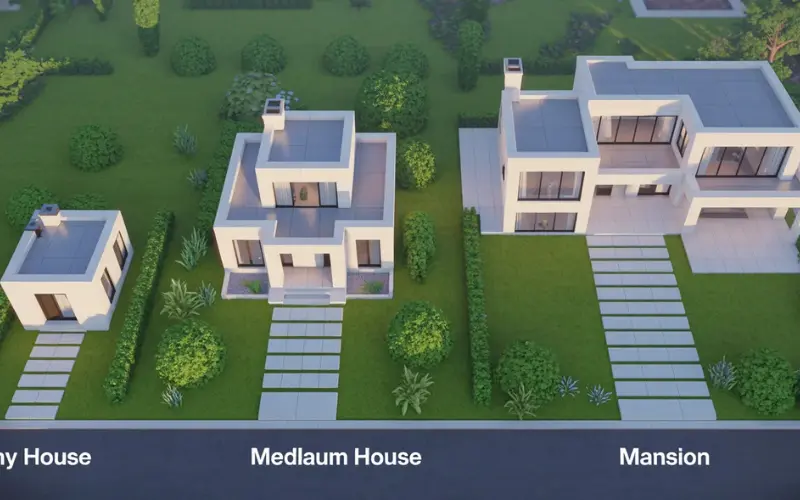 Visual comparison of tiny house, medium house, and mansion.