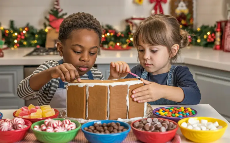 wo elementary-age children carefully assembling gingerbread house walls.