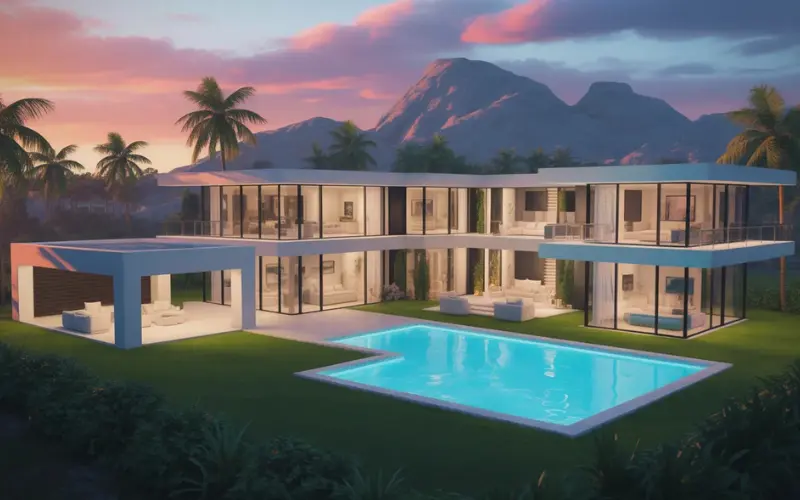 Luxury Bloxburg mansion with pool, garage, garden.