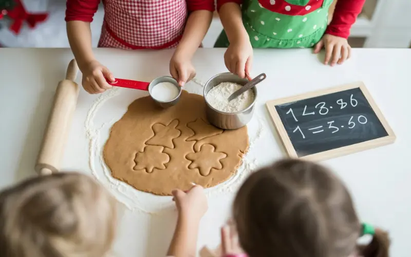 Overhead view of children measuring ingredients for gingerbread.