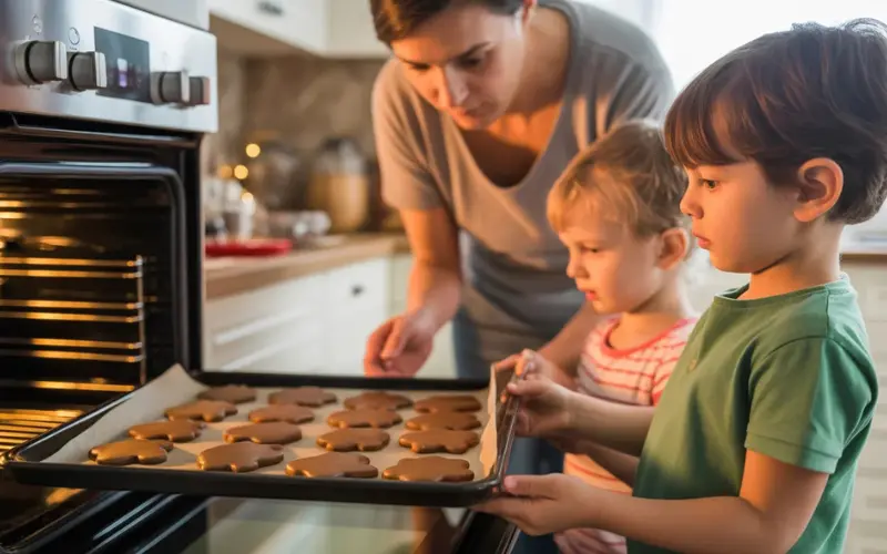 Parent carefully supervising children in kitchen.