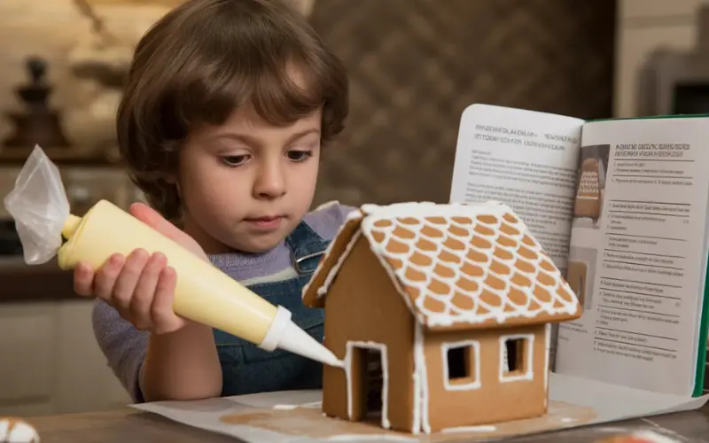 Child reading a gingerbread house instruction booklet.