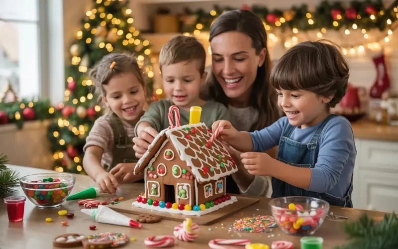 A bright, festive kitchen scene with happy children.