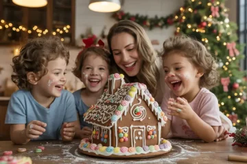 A bright, festive kitchen scene with happy children.