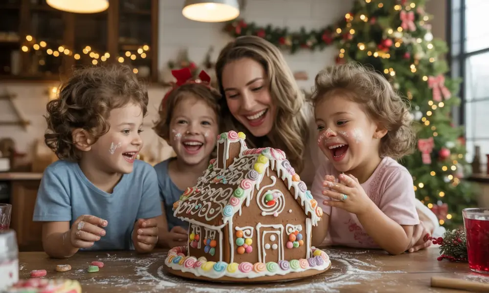 A bright, festive kitchen scene with happy children.