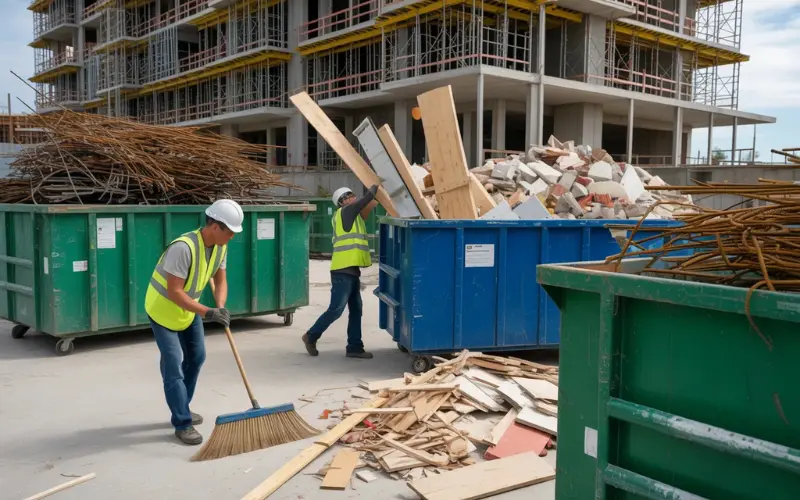 A busy construction job site with workers wearing saf.ety helmets.