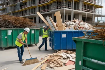 A busy construction job site with workers.