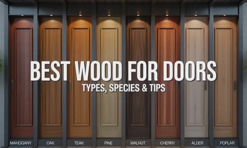 A modern home entrance showcasing 8 different wooden doors.
