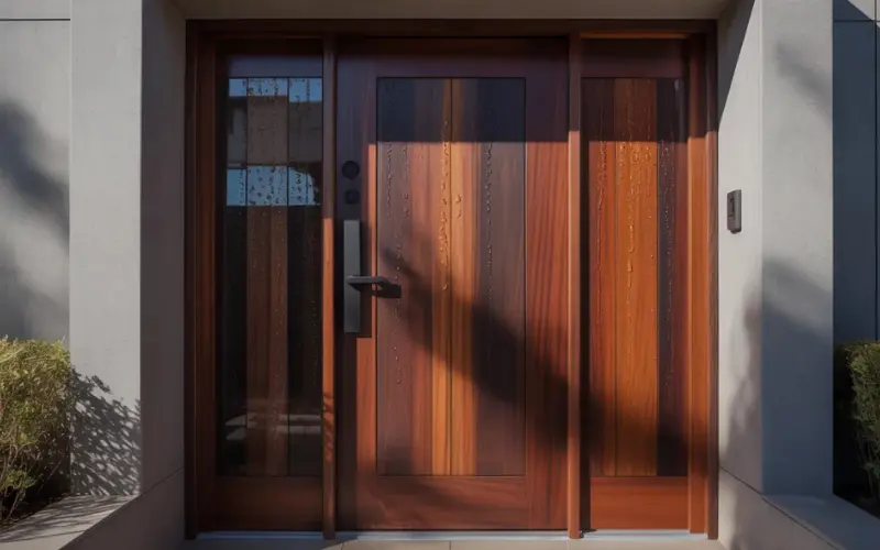 Strong wooden front door made of mahogany or teak.